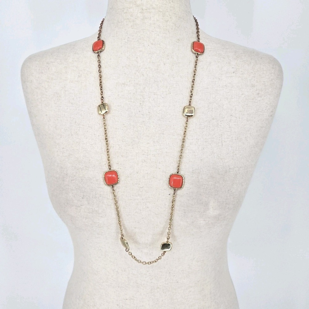 Liz Claiborne Long Necklace Coral Red Gold Tone Square Stations Adjustable LC